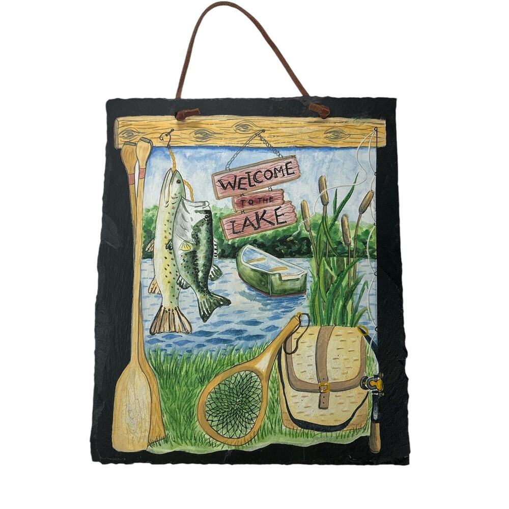 Vintage Hand Painted Slate‎ "Welcome to the Lake" Sign Leather Cord 10" x 12"
